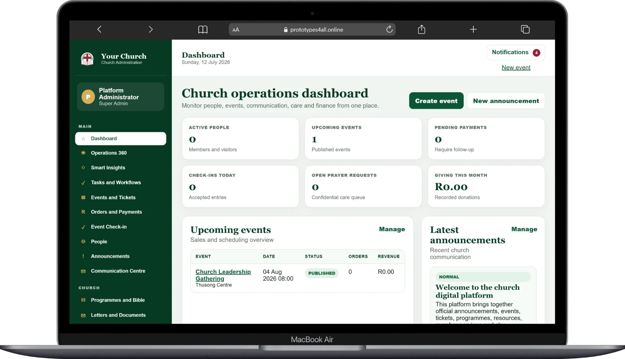 Church administration platform displayed on a laptop