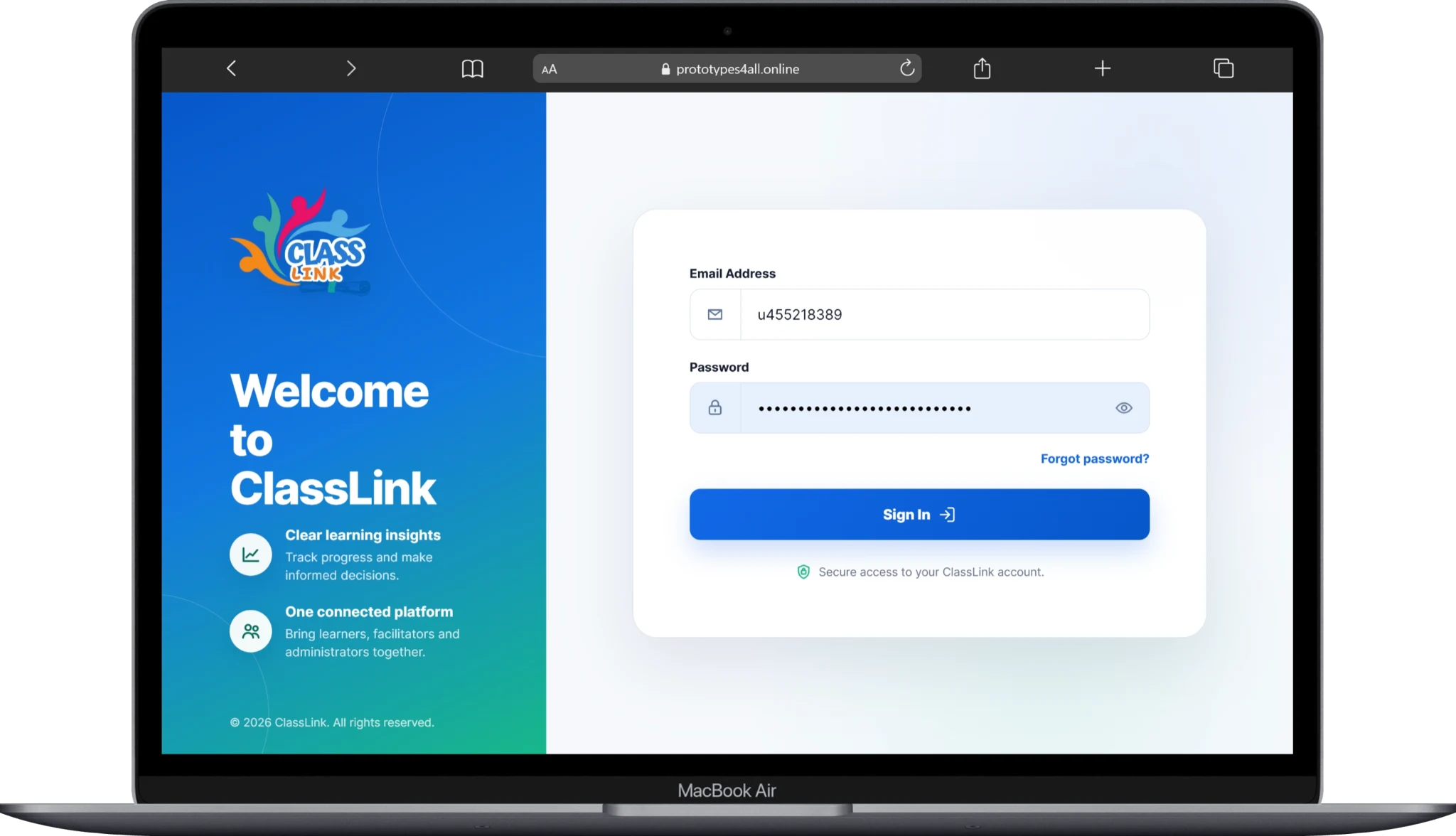 ClassLink learning platform displayed on a laptop