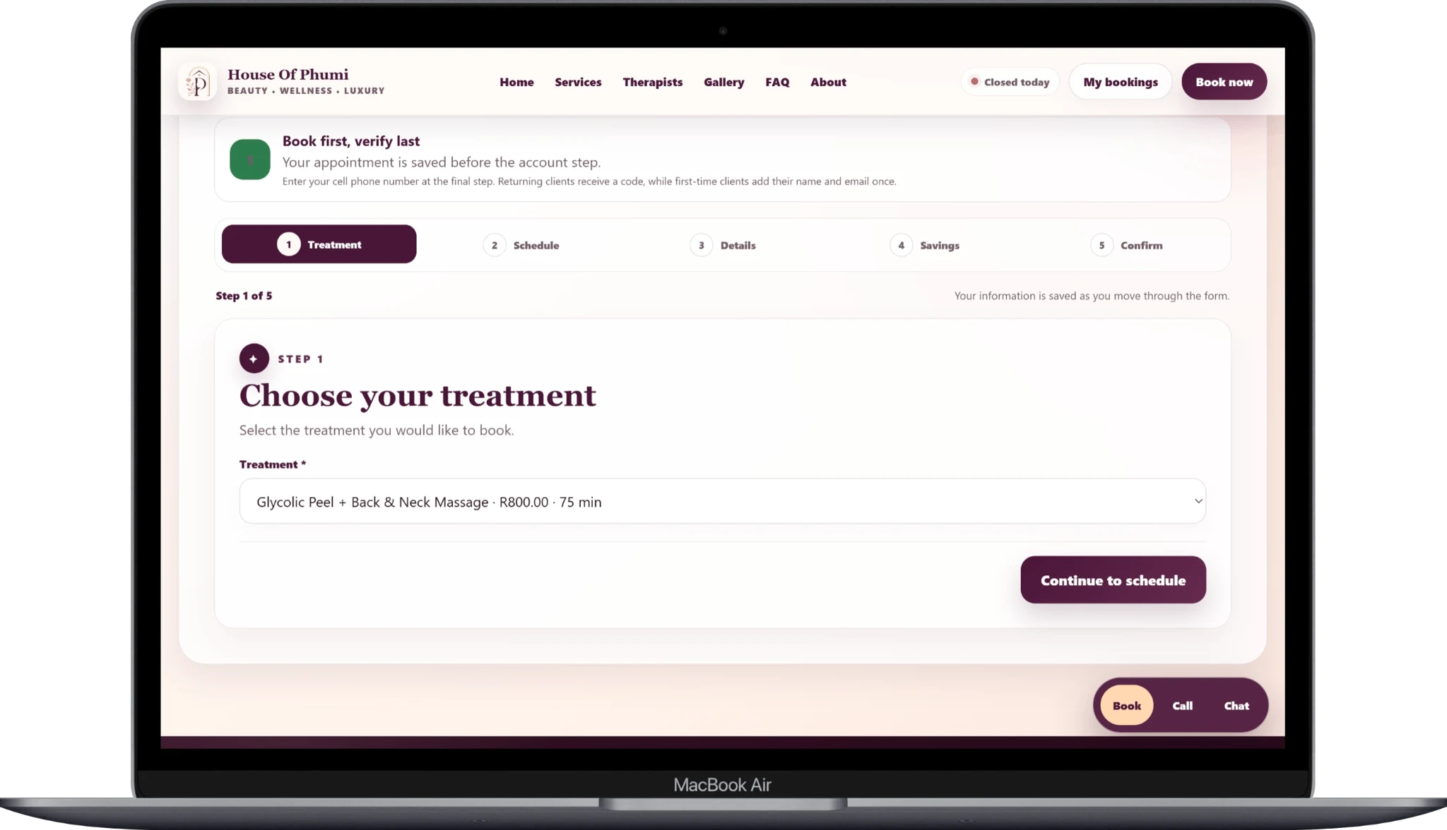 House of Phumi booking platform displayed on a laptop