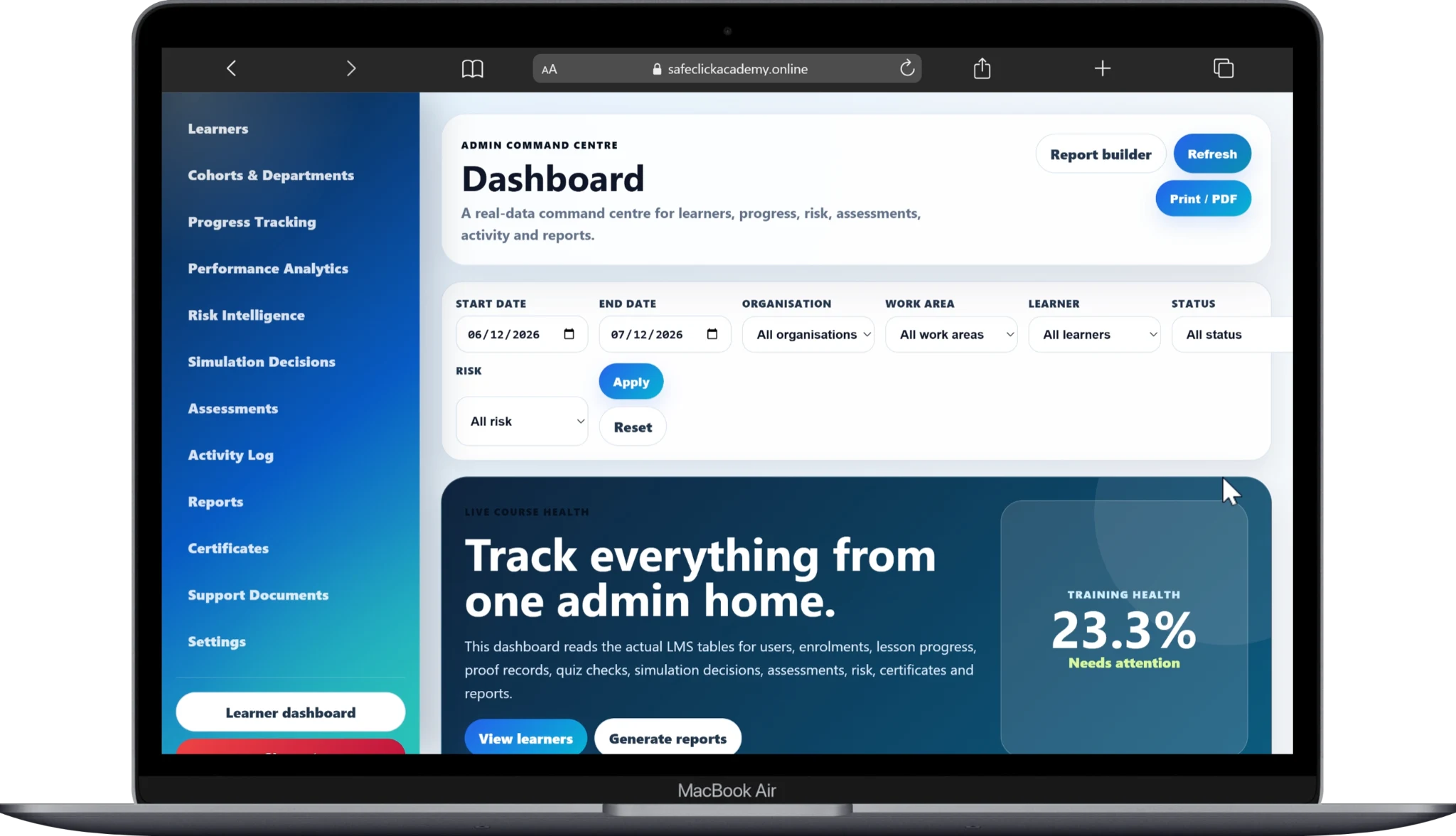 SafeClick Academy admin dashboard displayed on a laptop